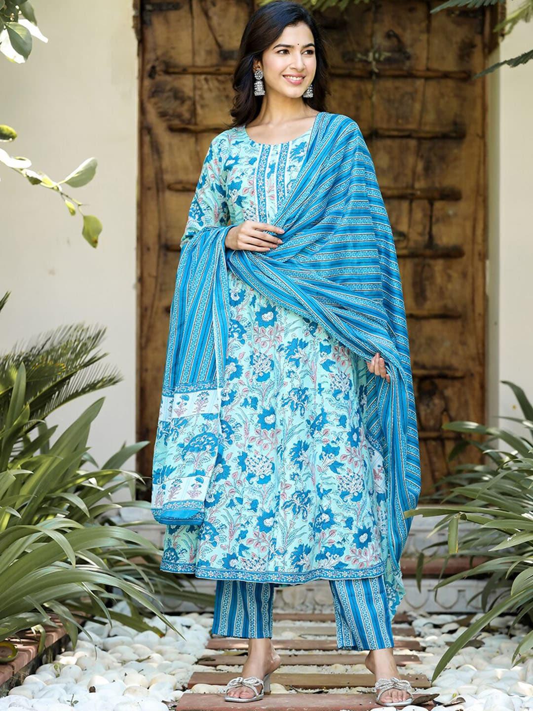 Yufta Women Blue Floral Printed Regular Pure Cotton Kurta with Trousers & With Dupatta