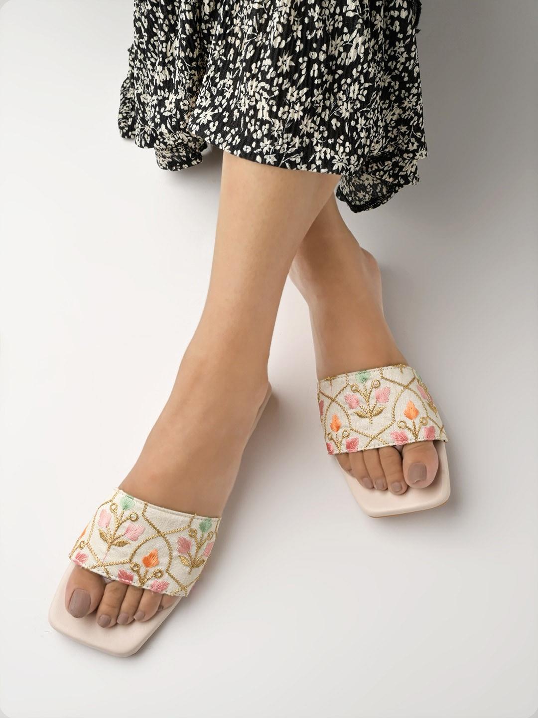 Shoetopia Embroidered Open Toe Flats