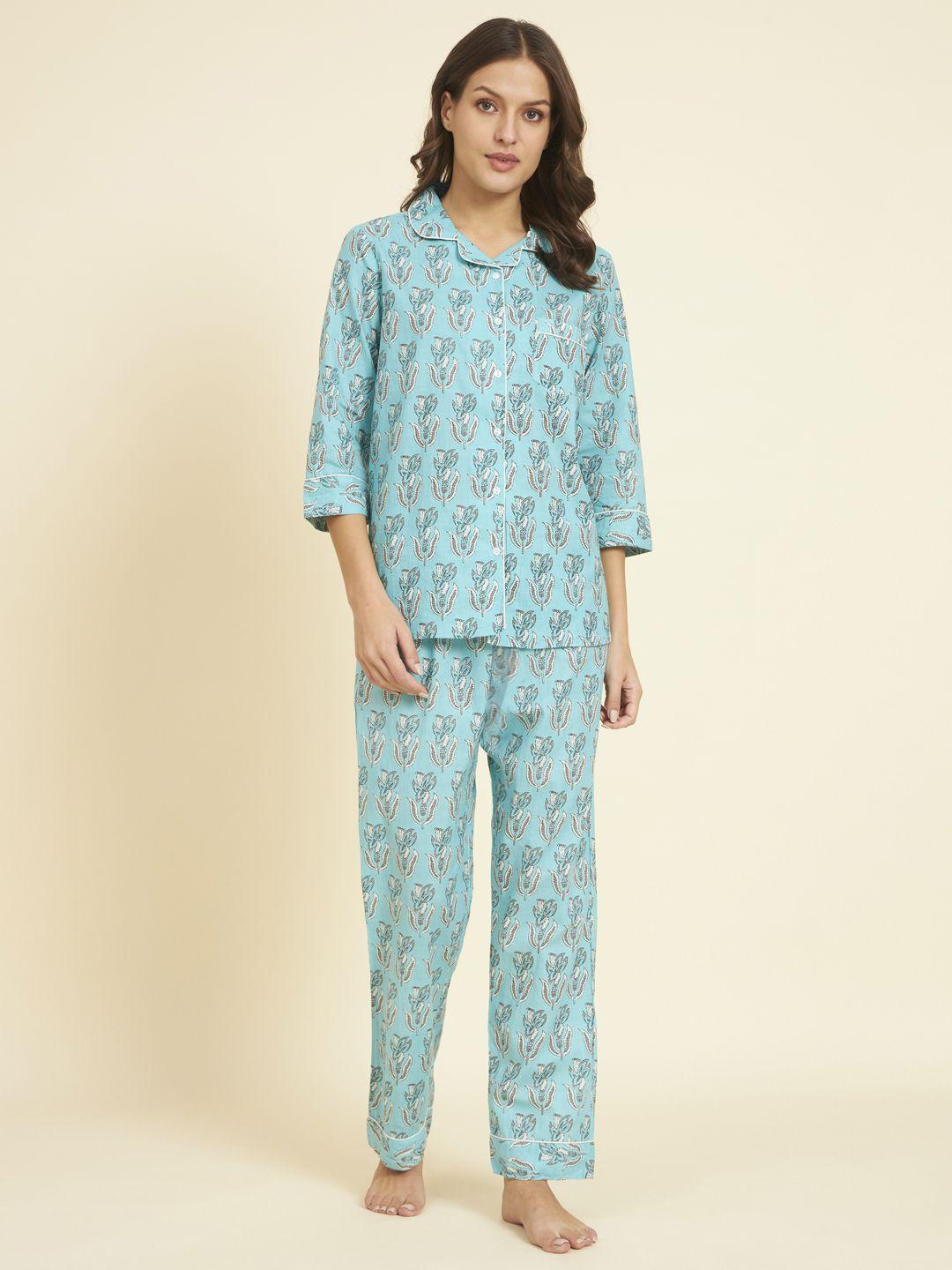 HERE&NOW Blue Floral Printed Pure Cotton Night suit