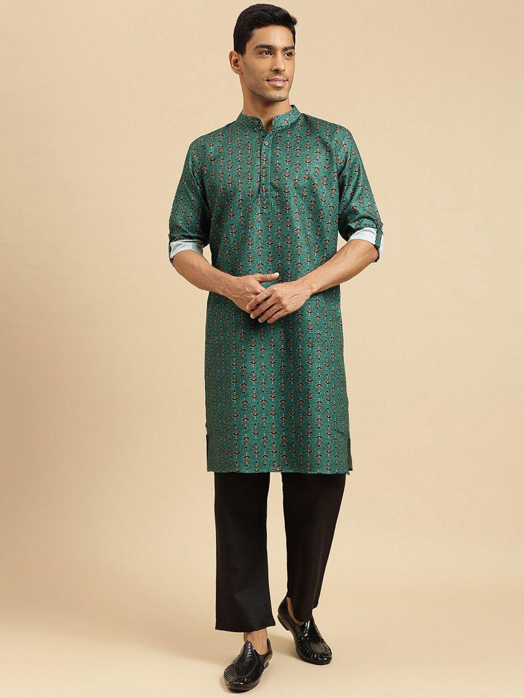 sangria-teal-floral-printed-long-sleeves-pure-cotton-straight-kurta-with-pyjama
