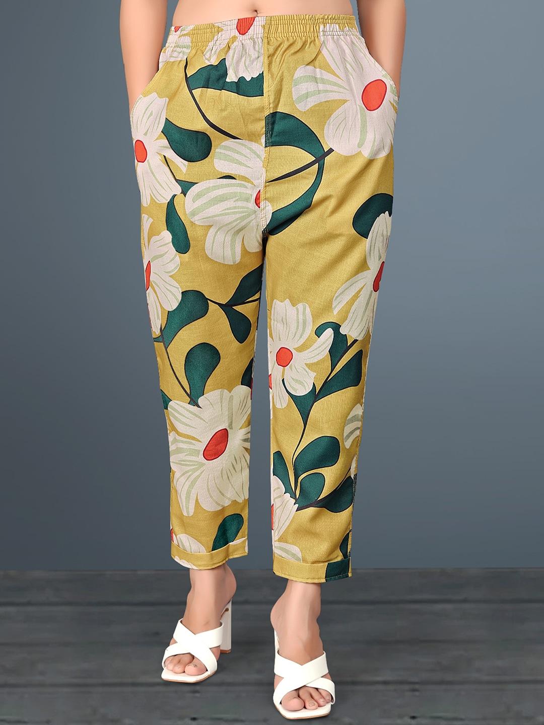 Wuxi Women Floral Printed Mid Rise Relaxed Easy Wash Cotton Trousers