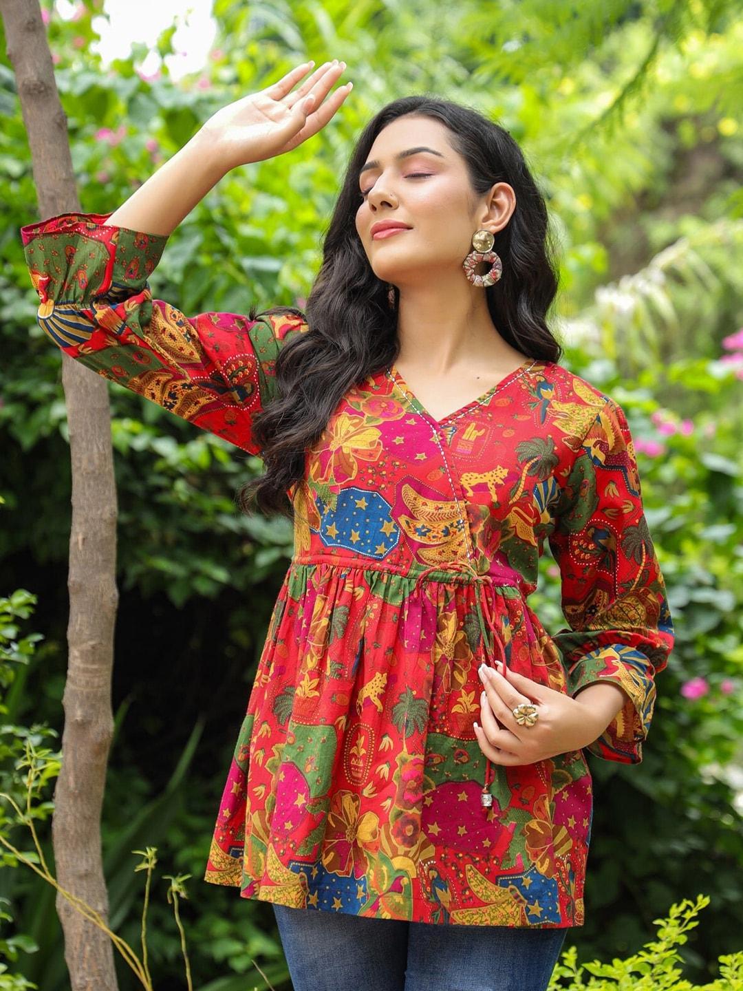 rain-&-rainbow-red-floral-print-flared-sleeve-cotton-top