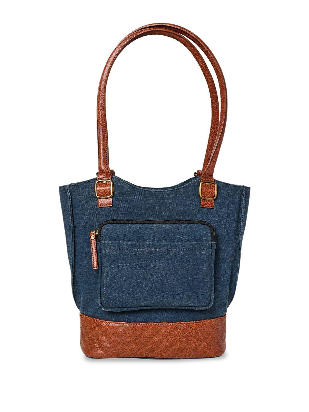 Mona B Navy Blue Colourblocked Structured Shoulder Bag with Applique