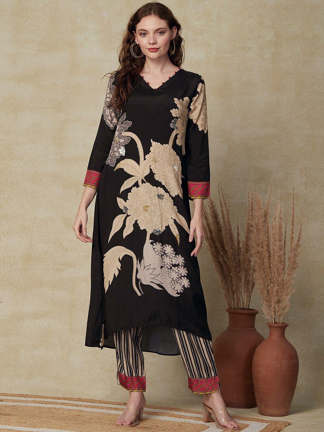 FASHOR Floral Printed V-Neck A-line Sequinned Kurta with Trousers