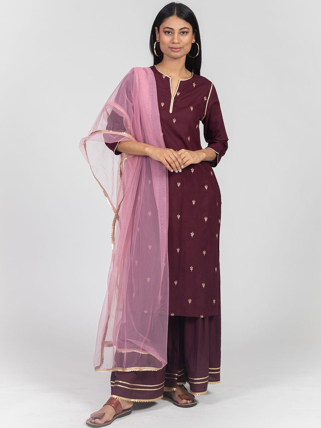 KASYA Floral Embroidered Round Neck With A Notch Straight Kurta with Sharara