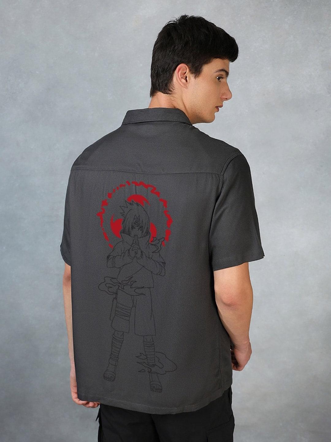 Bewakoof Grey Oversized Naruto Printed Spread Collar Short Sleeves Casual Shirt