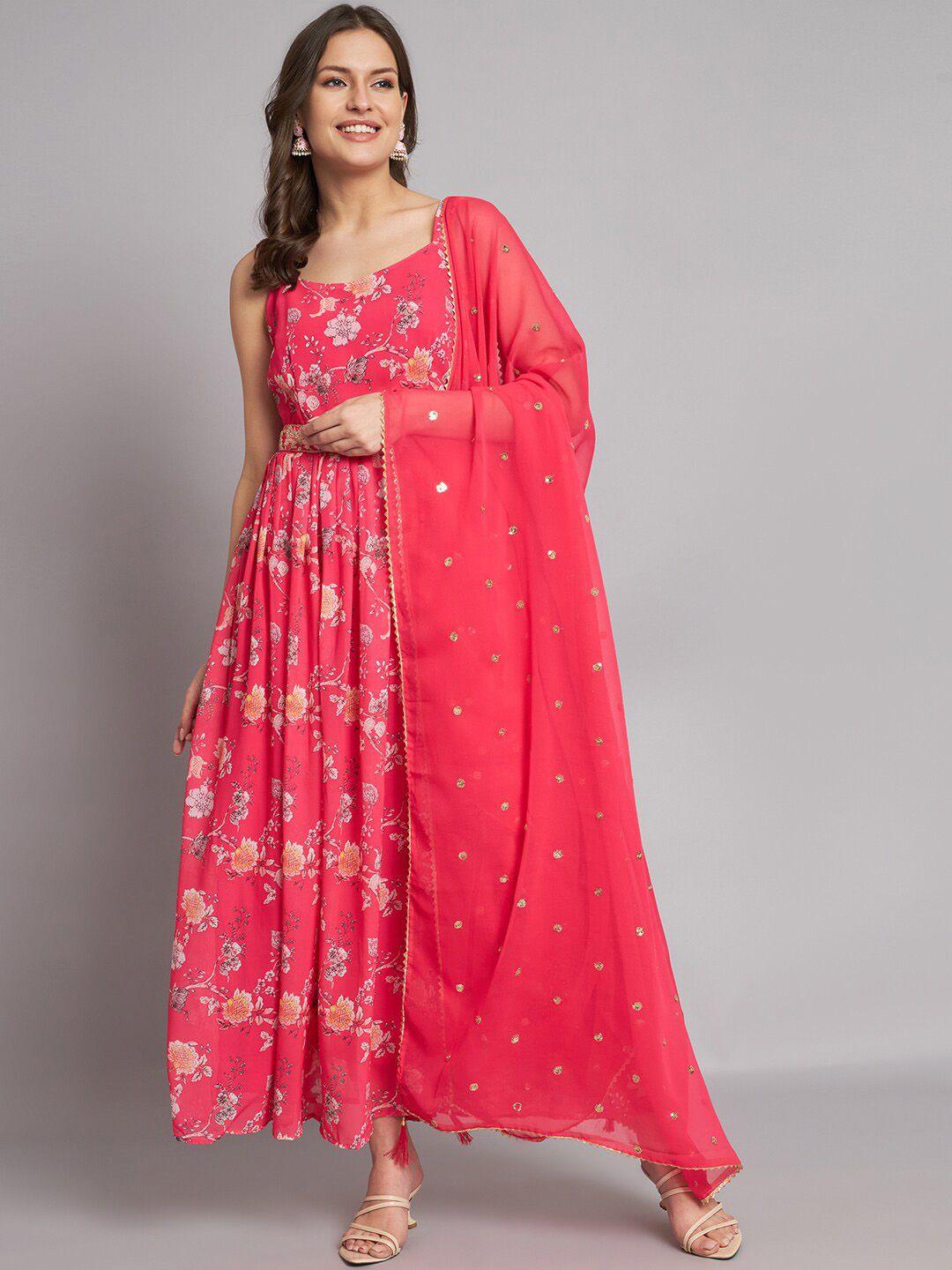 KALINI Georgette	Floral Printed Fit and Flared Dress With Dupatta Set