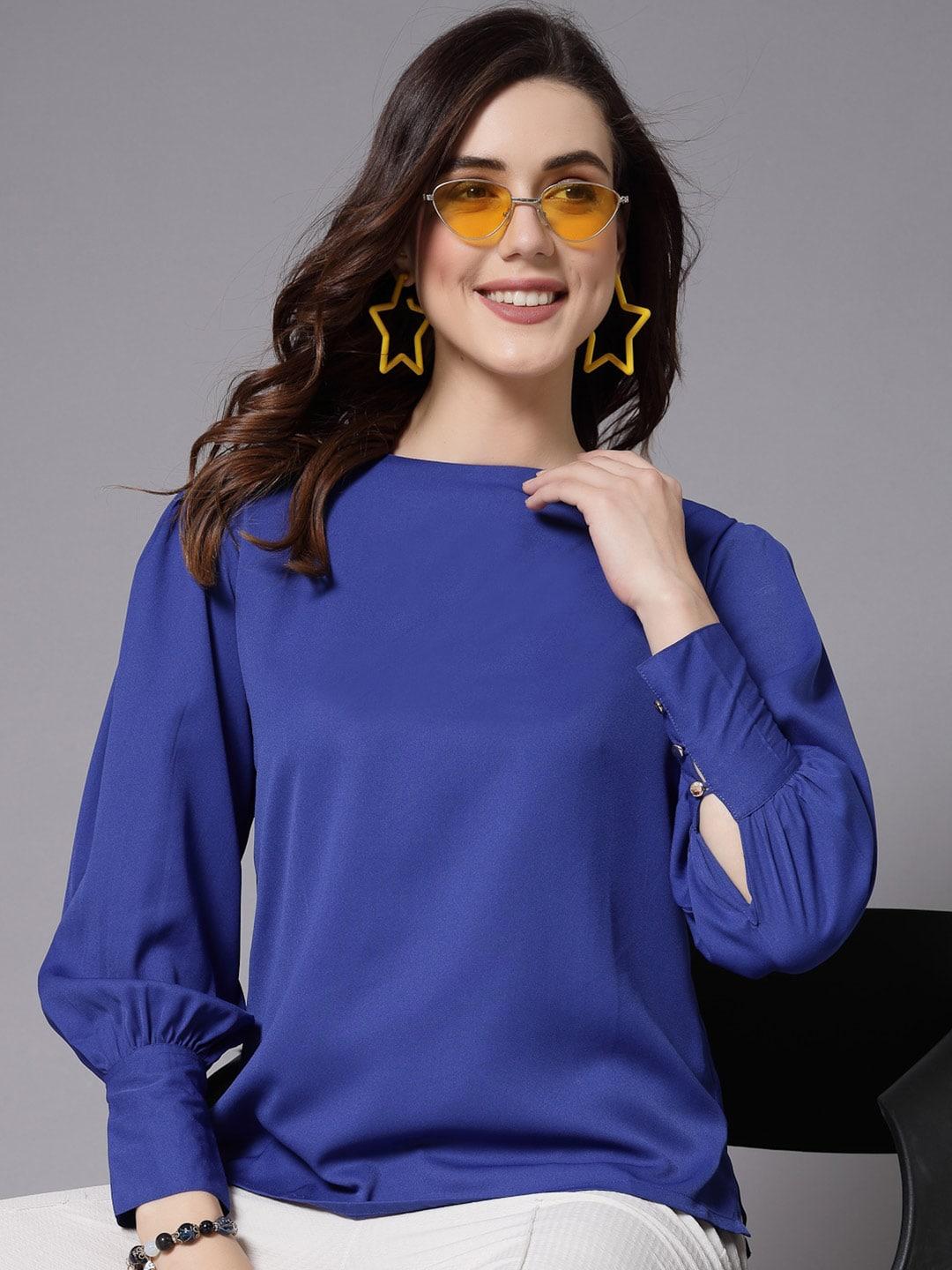 style-quotient-blue-round-neck-puff-sleeve-top