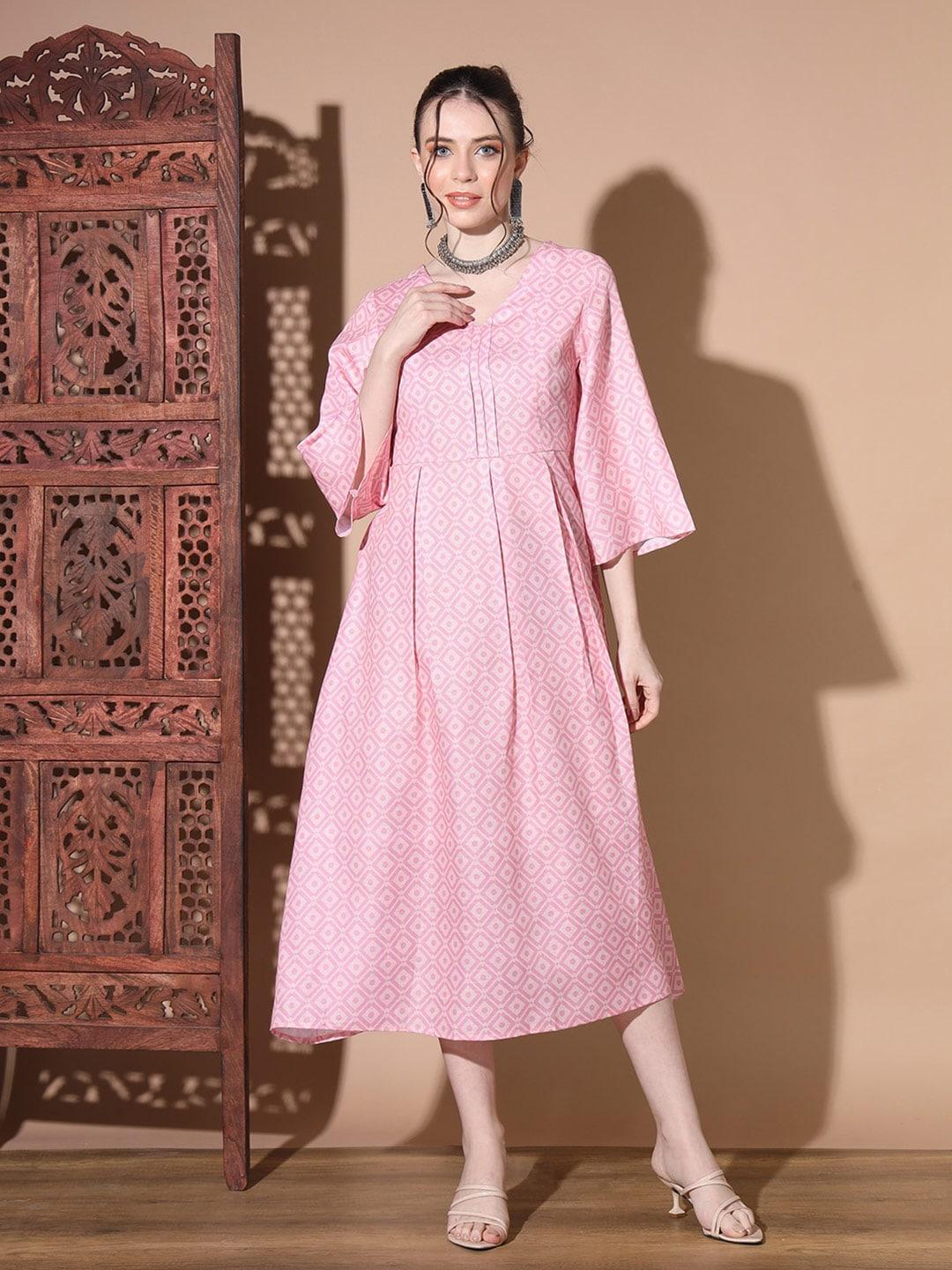 MADHURAM Geometric Printed Bell Sleeves Cotton A-Line Midi Ethnic Dress