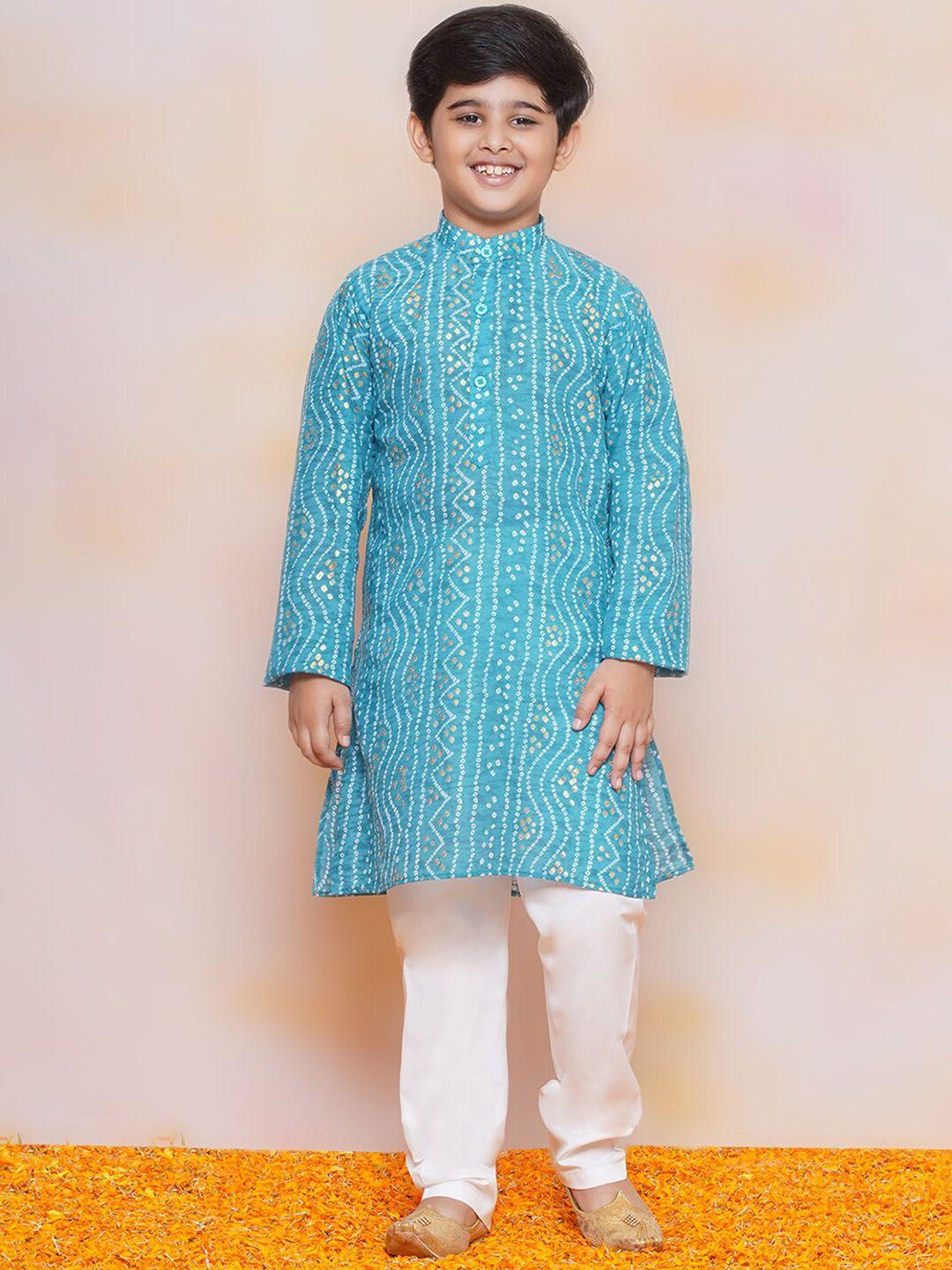 aj-dezines-boys-bandhani-printed-band-collar-regular-pure-cotton-kurta-with-pyjamas