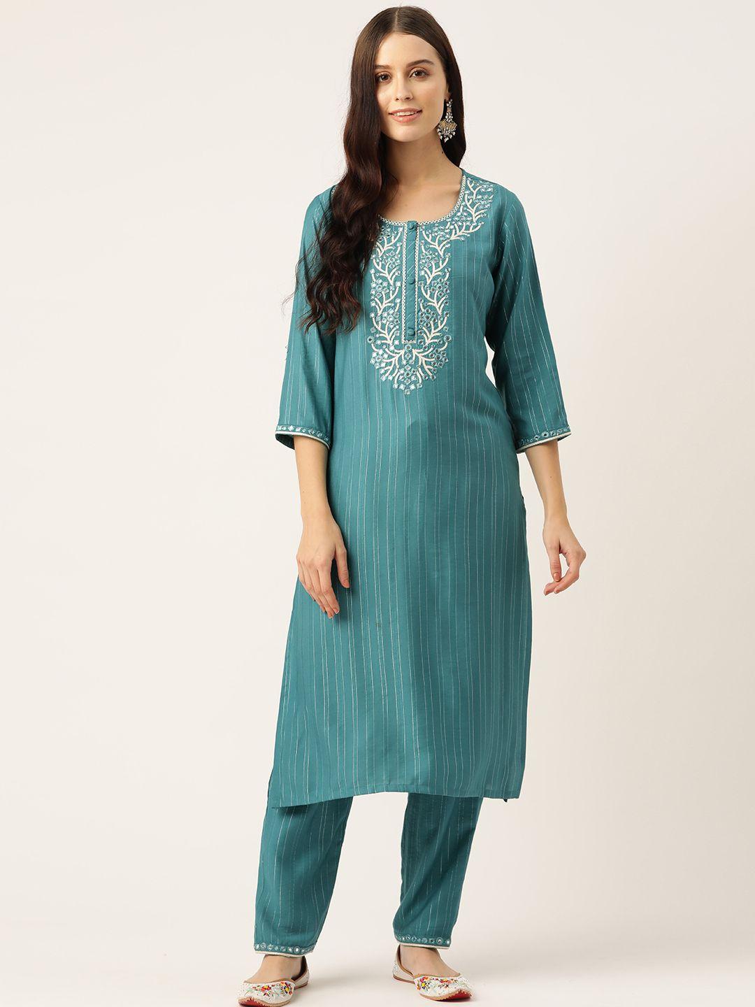 Rue Collection Floral Embroidered Regular Mirror Work Kurta with Trousers