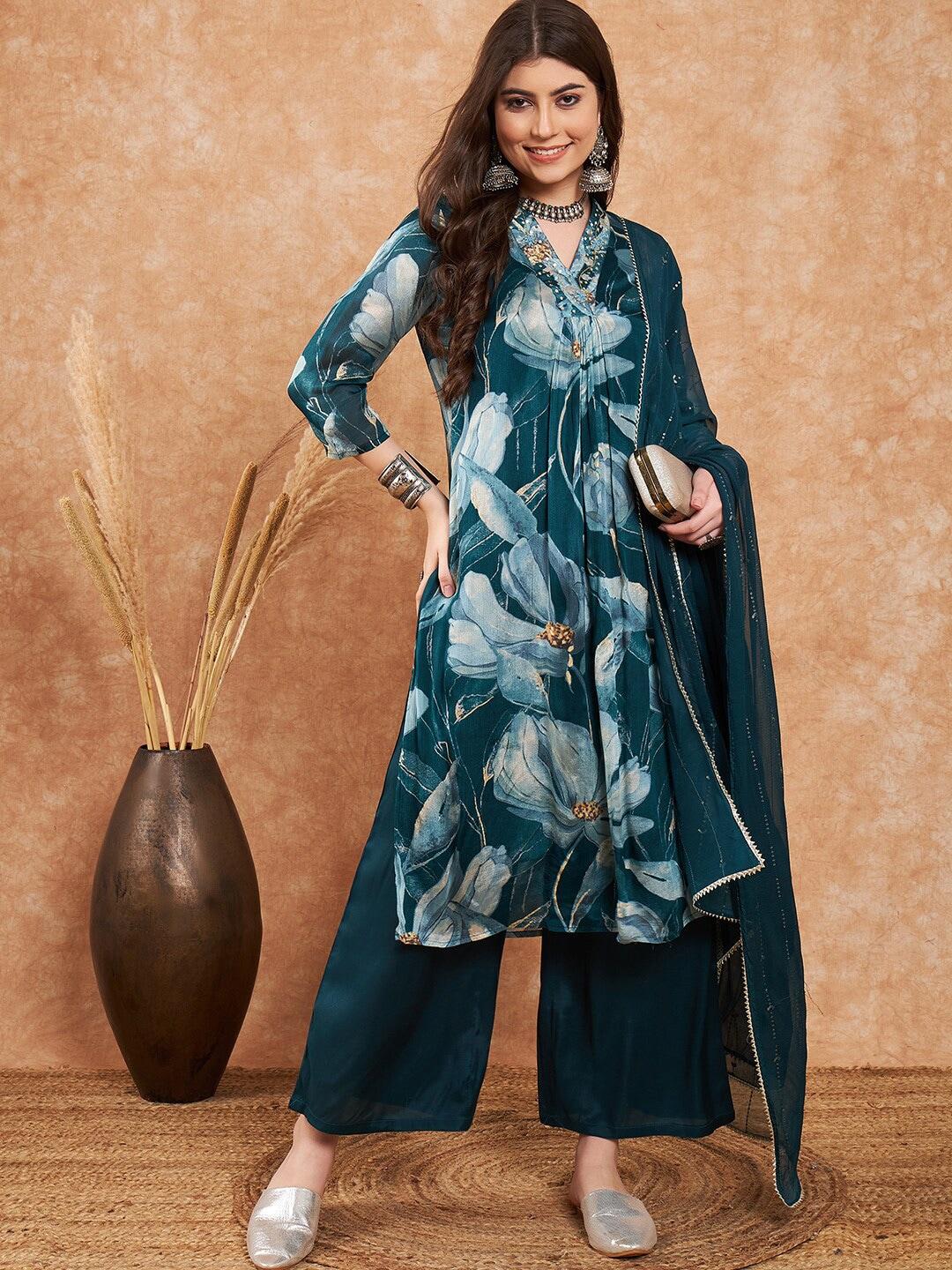 Sangria Teal Floral Printed Sequinned A Line Kurta With Palazzos And Dupatta