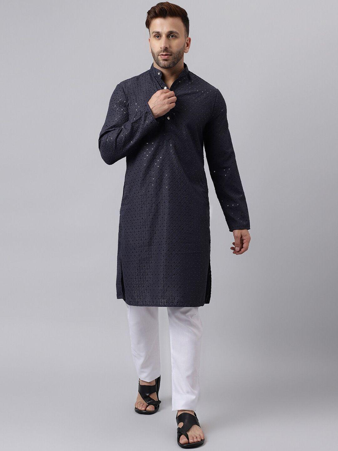 hangup-ethnic-motifs-embroidered-band-collar-sequinned-straight-kurta-with-trouser