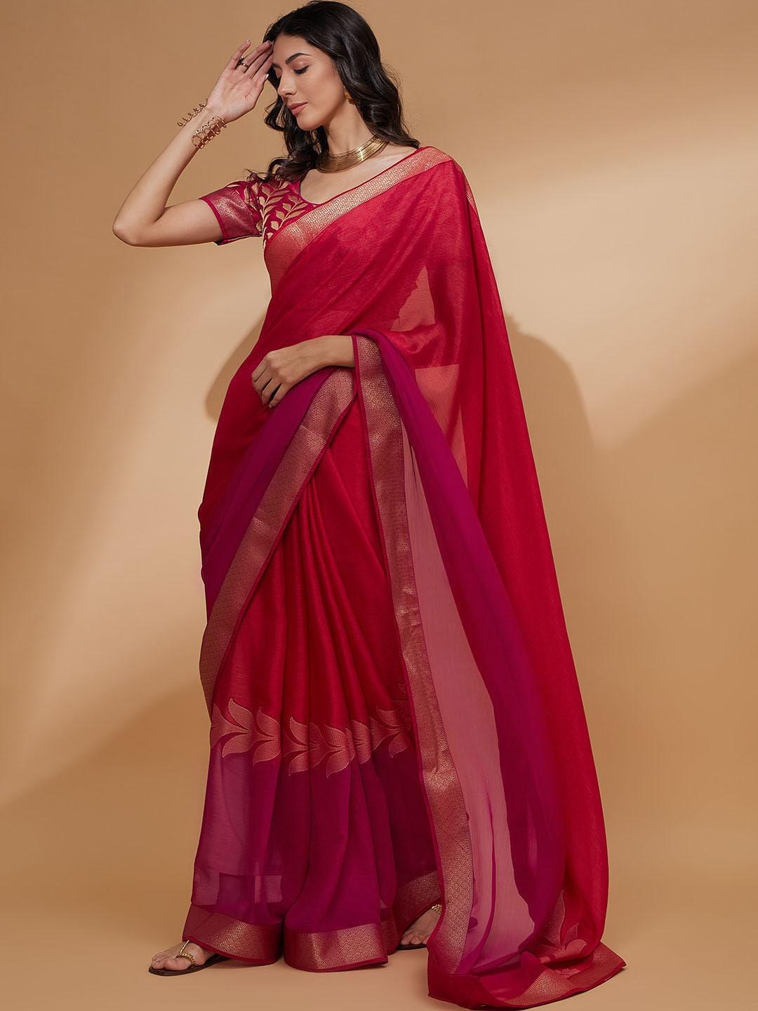 all about you Pink Floral Woven Design Zari Detailed Pure Chiffon Saree
