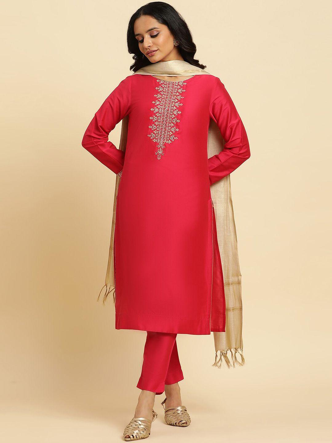 w-pink-ethnic-motifs-yoke-design-regular-sequinned-kurta-with-trousers-&-dupatta