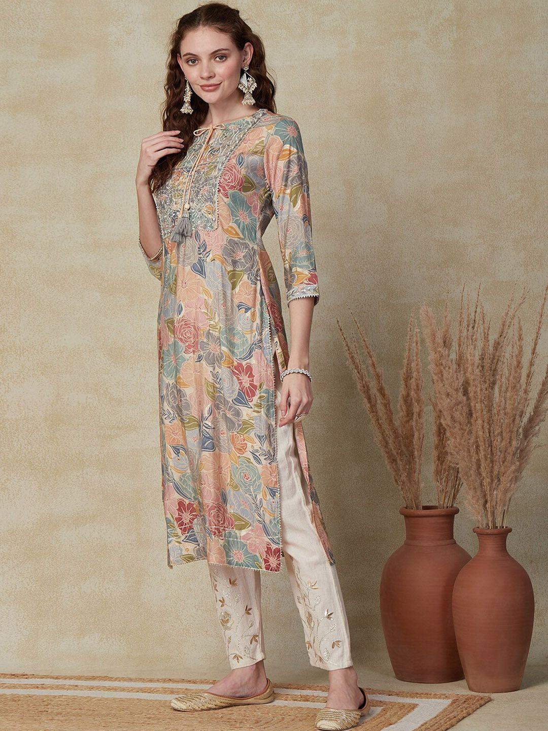 fashor-cream-coloured-floral-printed-tie-up-neck-sequinned-kurta