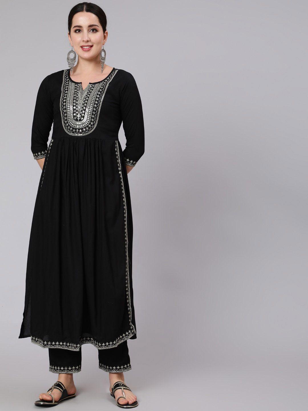KIMAYRA Ethnic Motifs Embroidered Yoke Sequinned Pleated Straight Kurta with Trousers