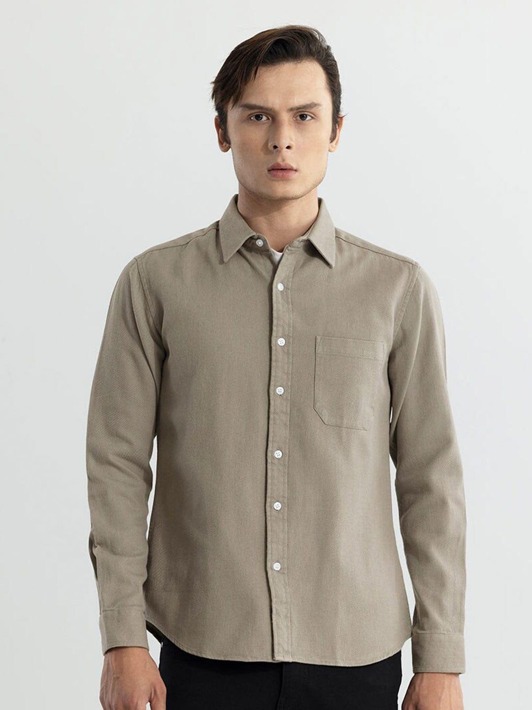 Snitch Khaki Classic Slim Fit Spread Collar Long Sleeves Cotton Casual Shirt
