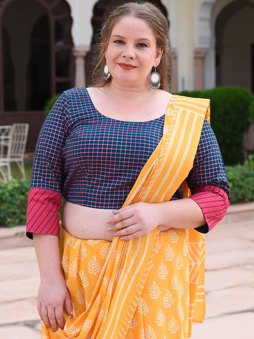 the-plus-size-store-by-meera-creations-plus-size-checked-cotton-readymade-saree-blouse