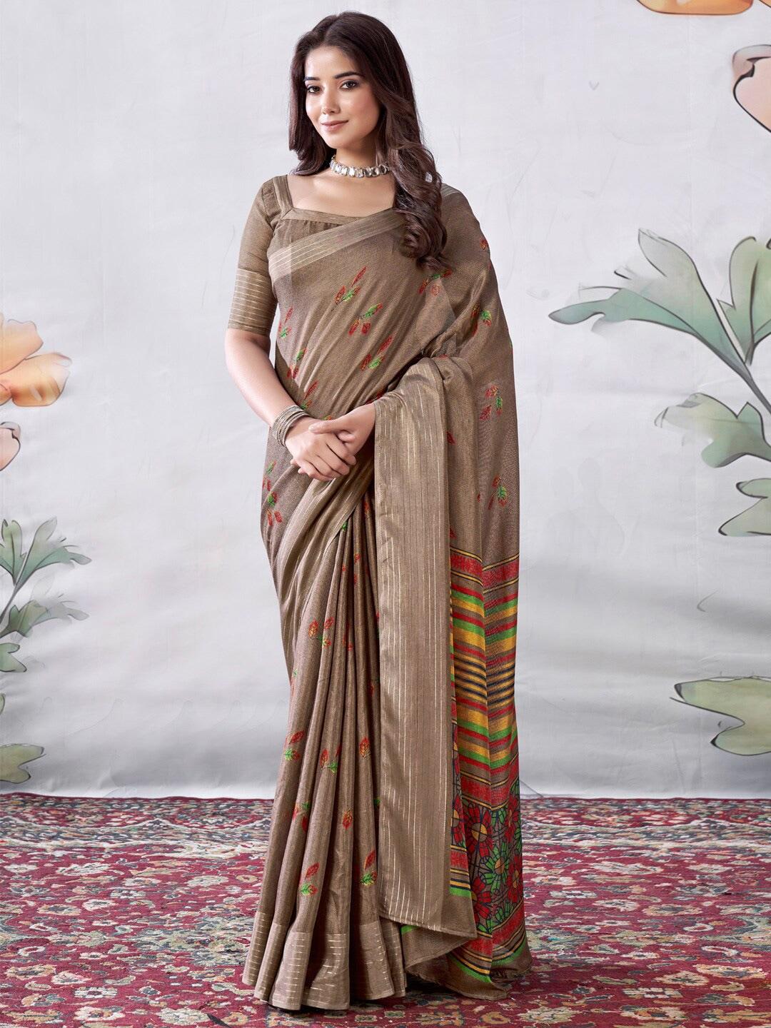saree-mall-brown-&-red-floral-printed-jute-silk-bagru-sarees