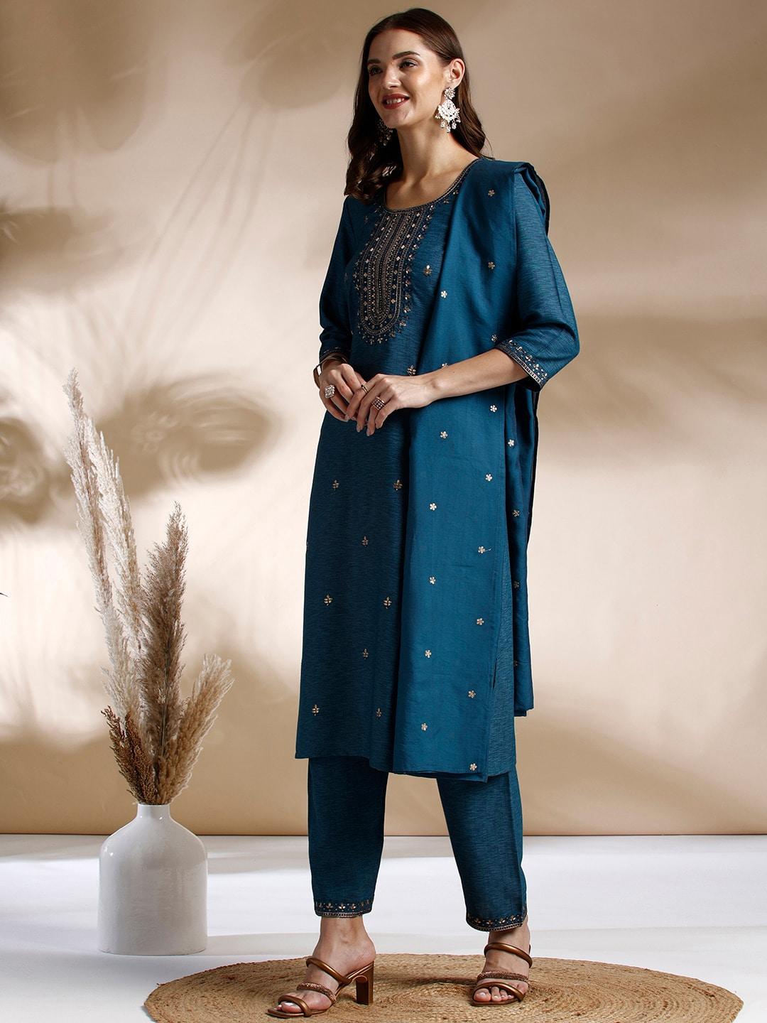 Anouk Ethnic Motifs Embroidered Sequinned Kurta With Trousers & Dupatta