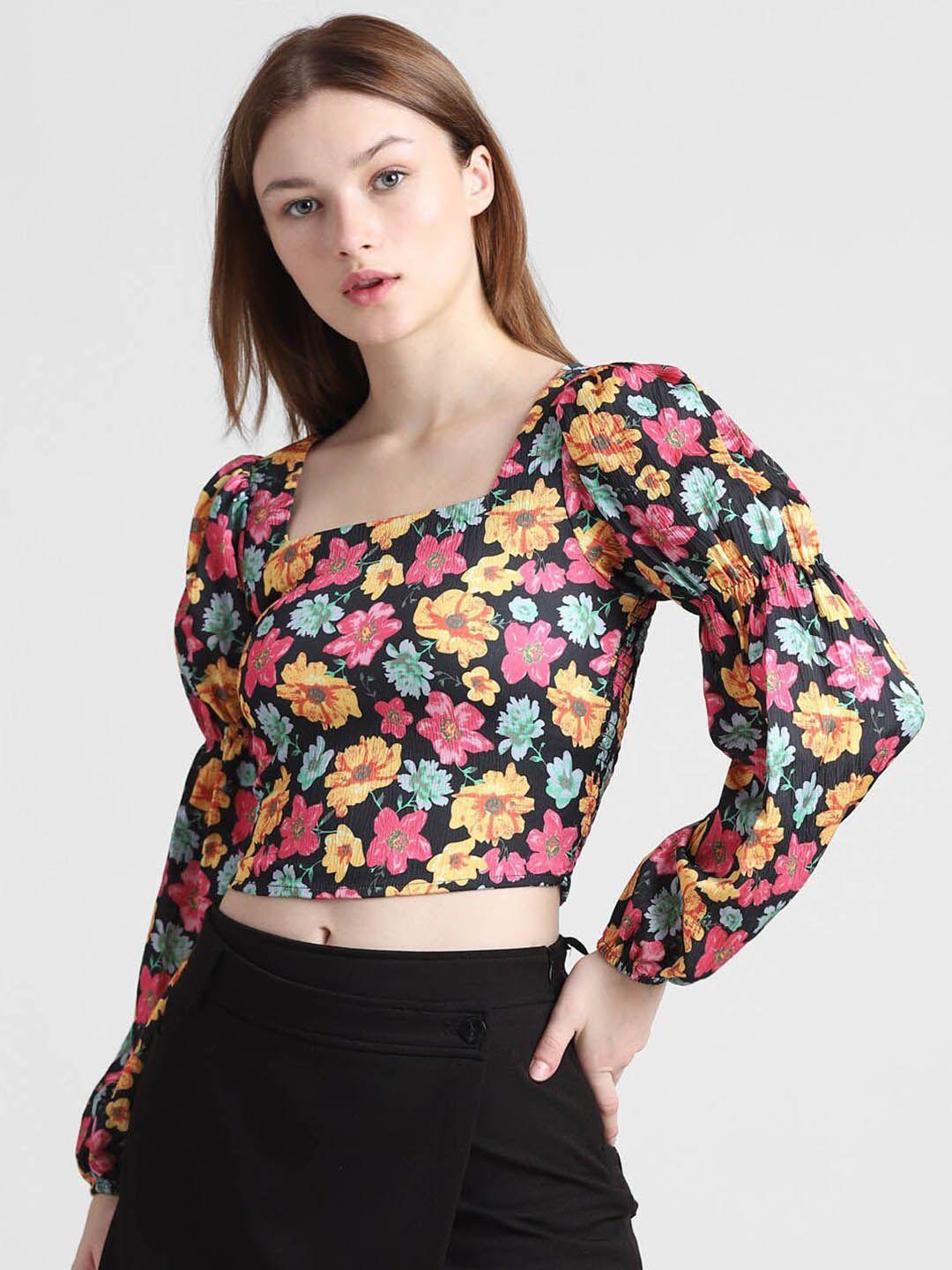 ONLY Floral Print Puff Sleeve Cotton Wrap Crop Top