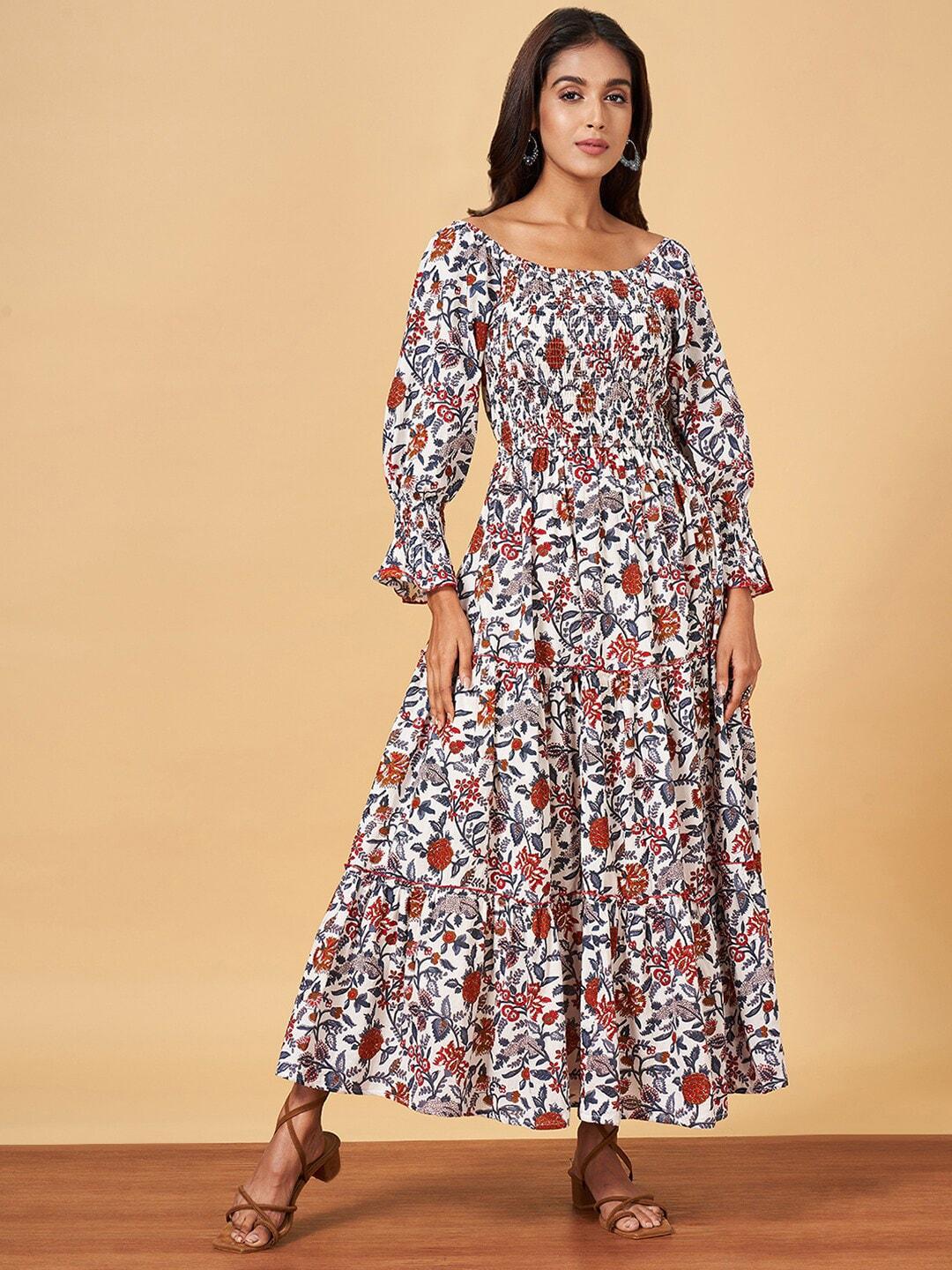 YU by Pantaloons Floral Printed Puff Sleeve Pure Cotton Fit & Flare Maxi Ethnic Dresses