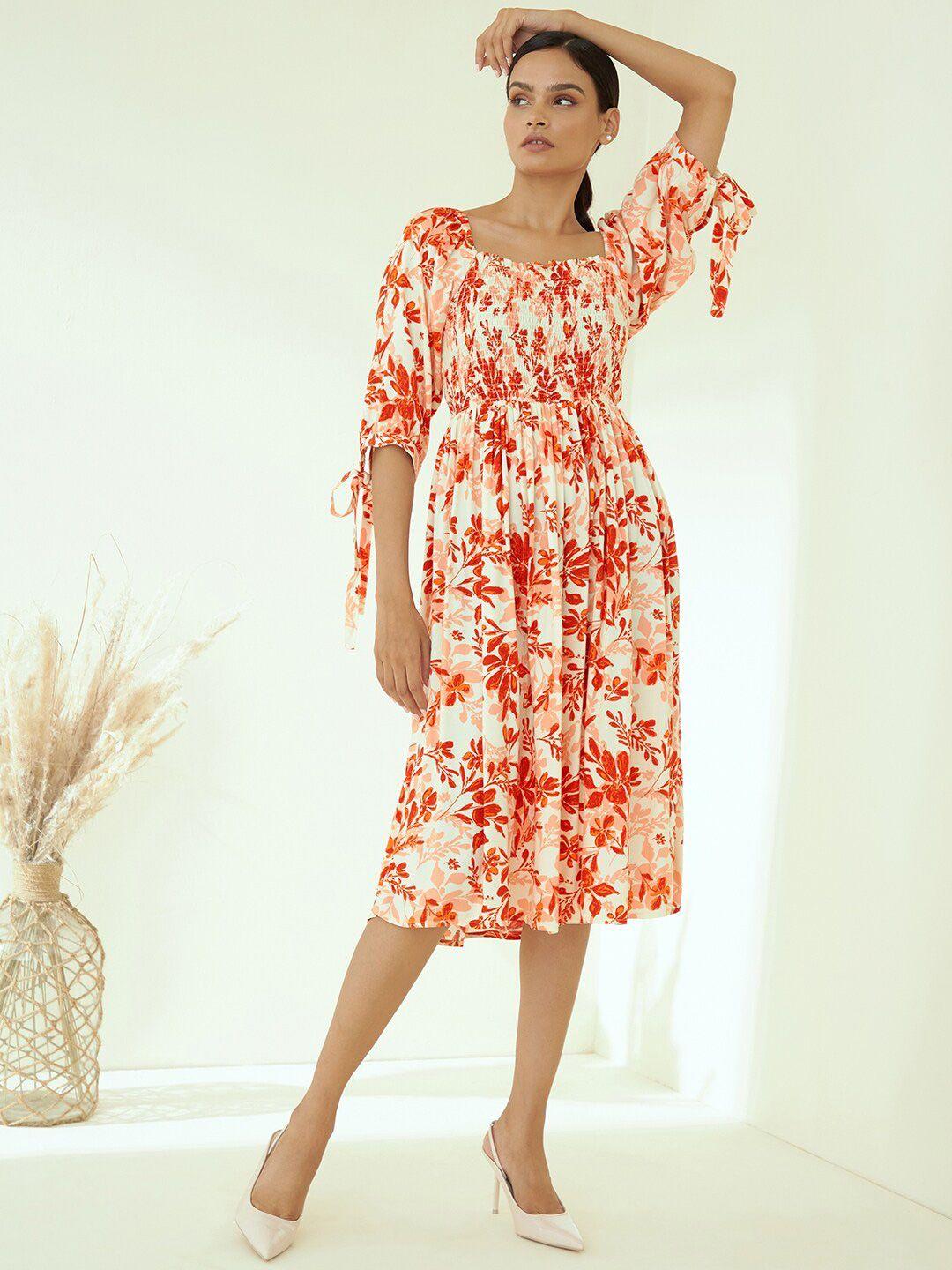 femella-floral-printed-smocked-fit-&-flare-midi-dress