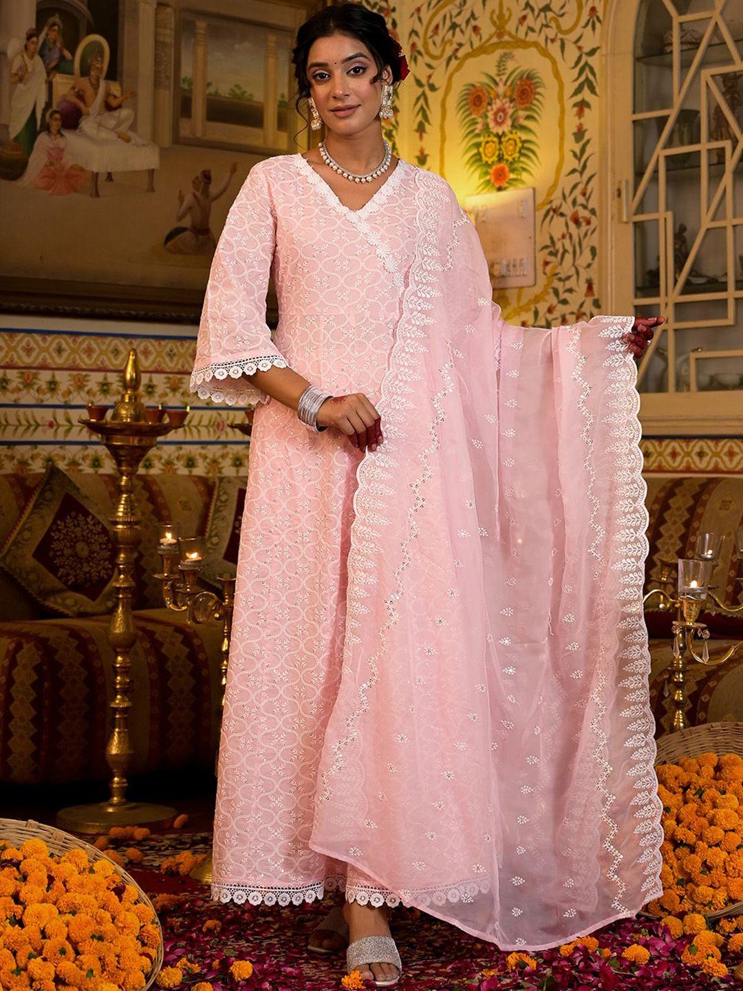 Yufta Women Pink Ethnic Motifs Embroidered Angrakha Chikankari Pure Cotton Kurta with Trousers & With Dupatta