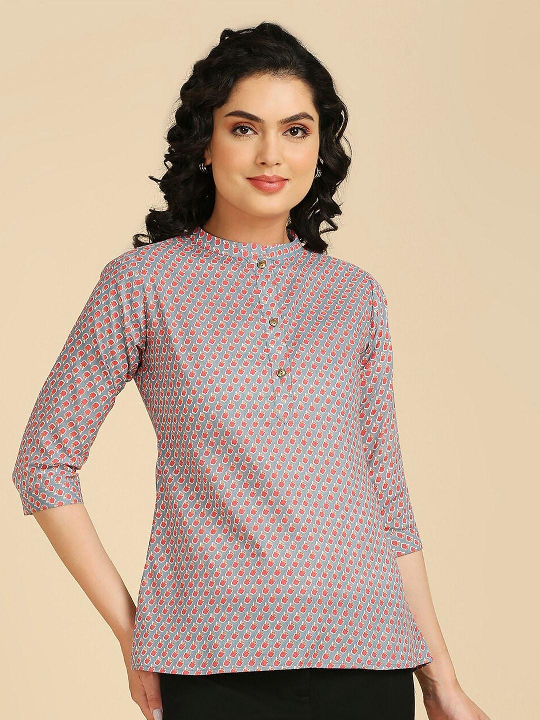 gufrina-ethnic-motifs-printed-mandarin-collar-cotton-a-line-top