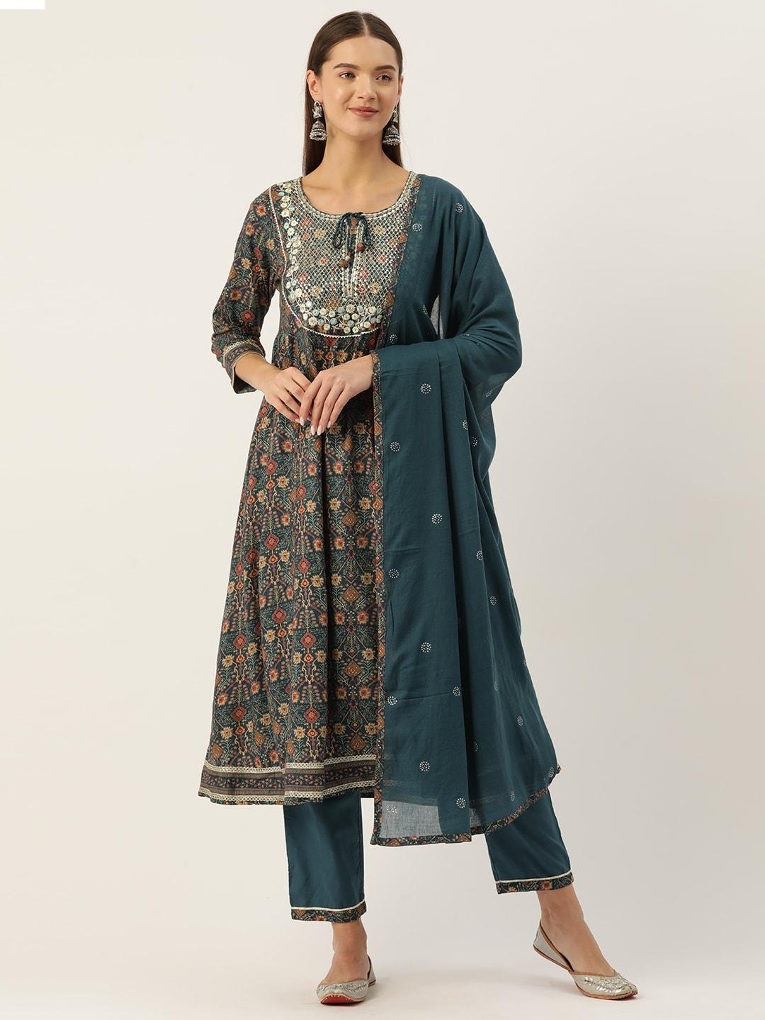 Rue Collection Ethnic Motifs Printed Pleated Sequinned Kurta with Trousers & Dupatta