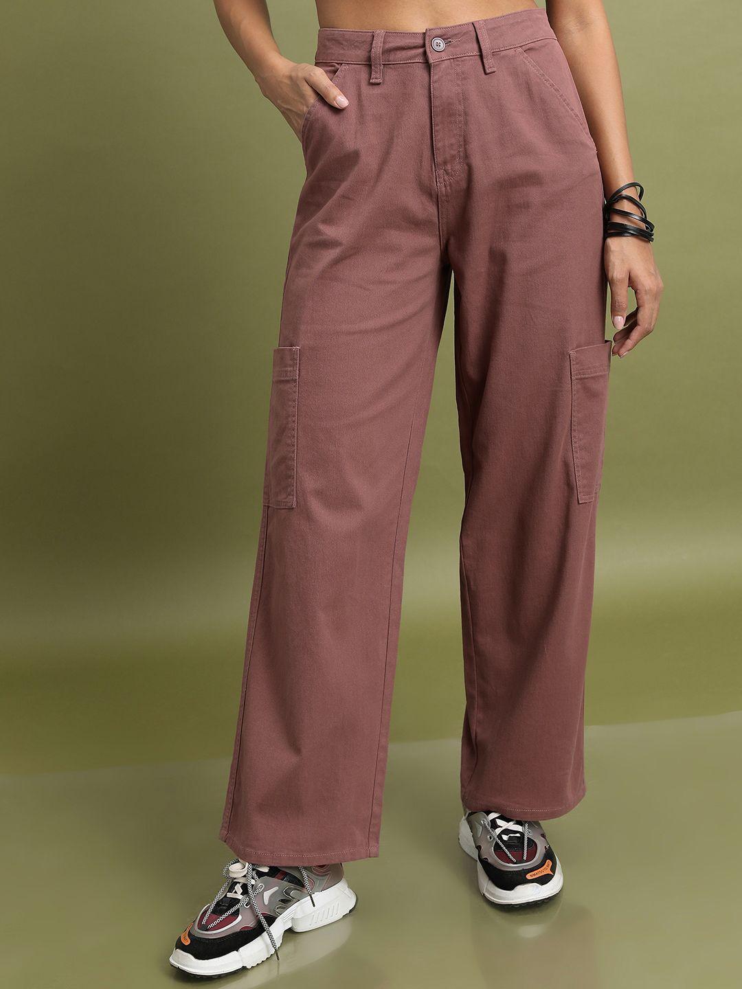 tokyo-talkies-women-high-rise-flared-plain-cotton-cargos-trousers