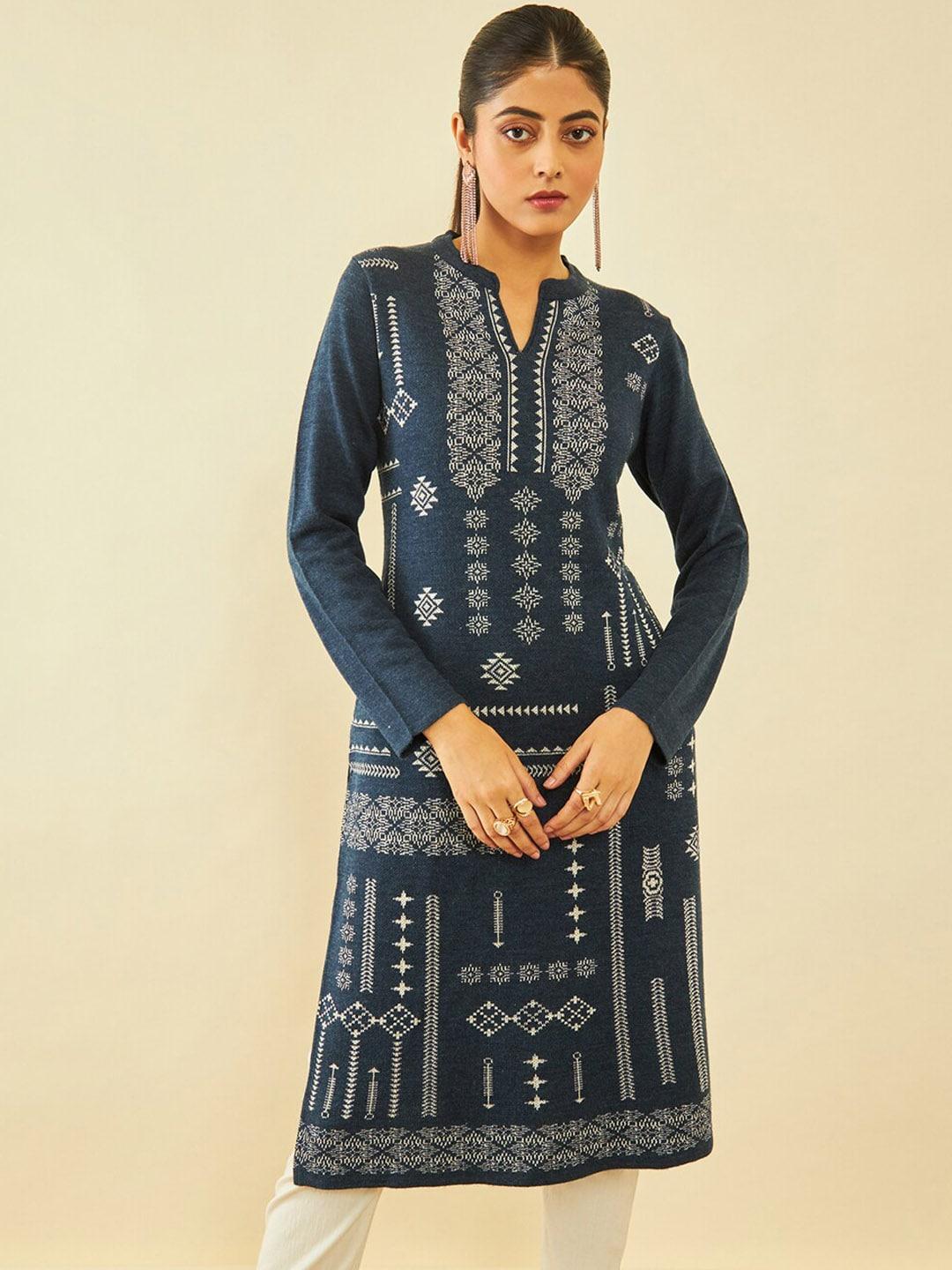 soch-blue-ethnic-motifs-self-design-band-collar-acrylic-winter-kurta