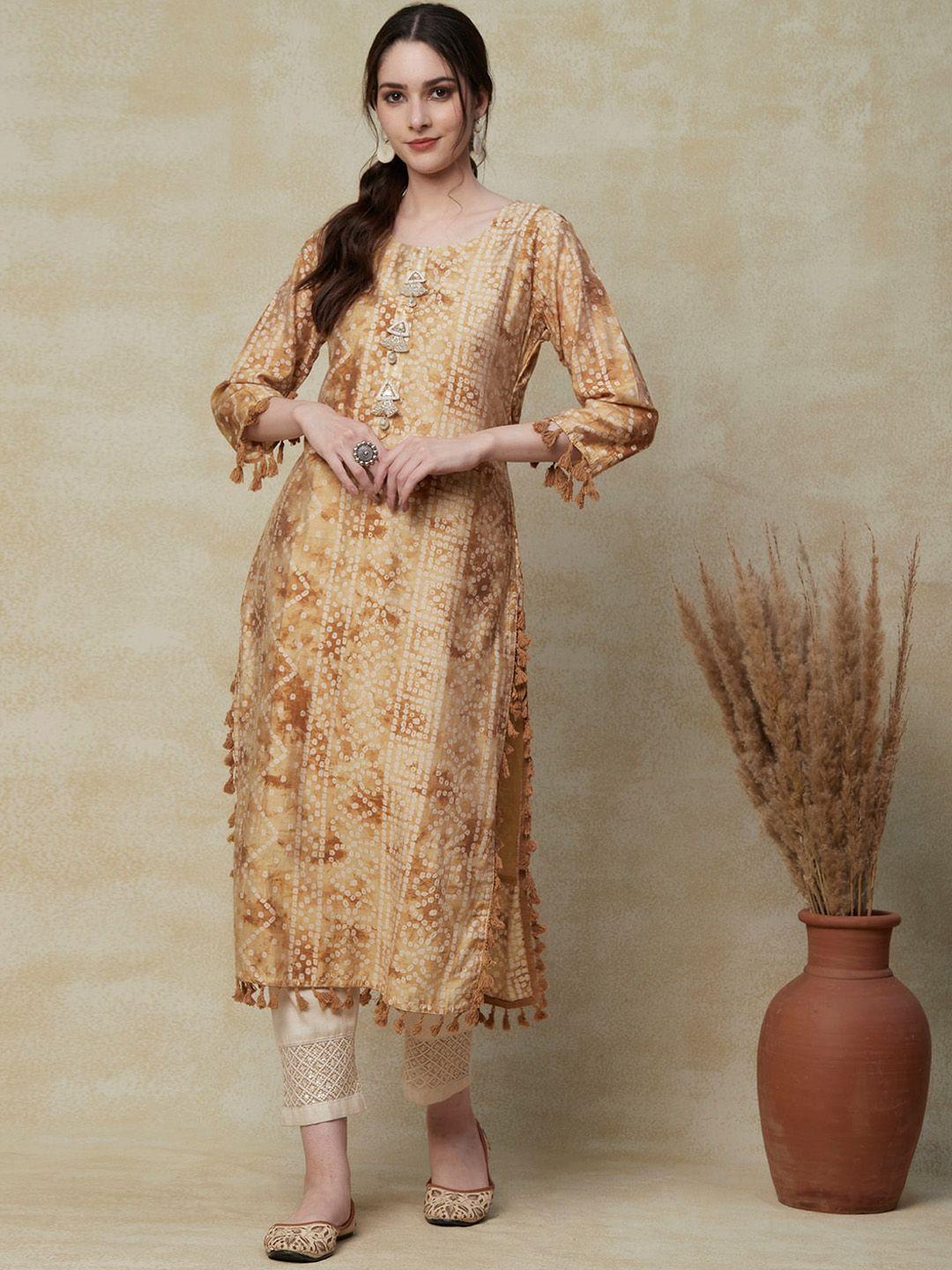 FASHOR Women Cream-Coloured Embroidered Flared Sleeves Sequinned Chanderi Silk Pathani Kurta