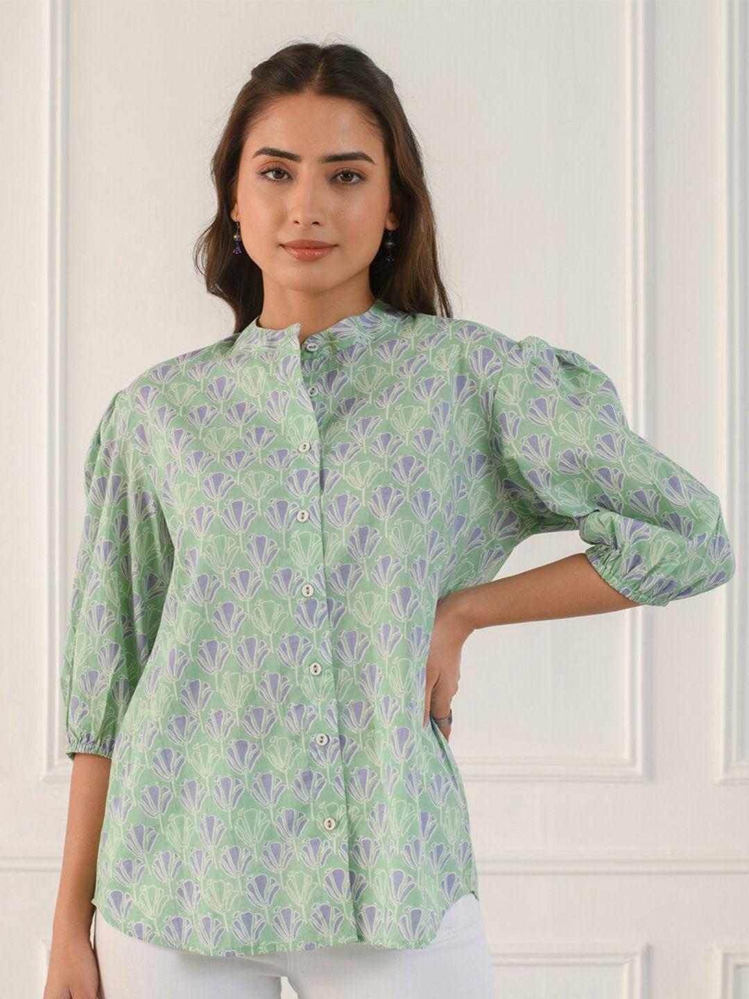 Prakriti Jaipur Floral Printed Puff Sleeves Cotton Shirt Style Top