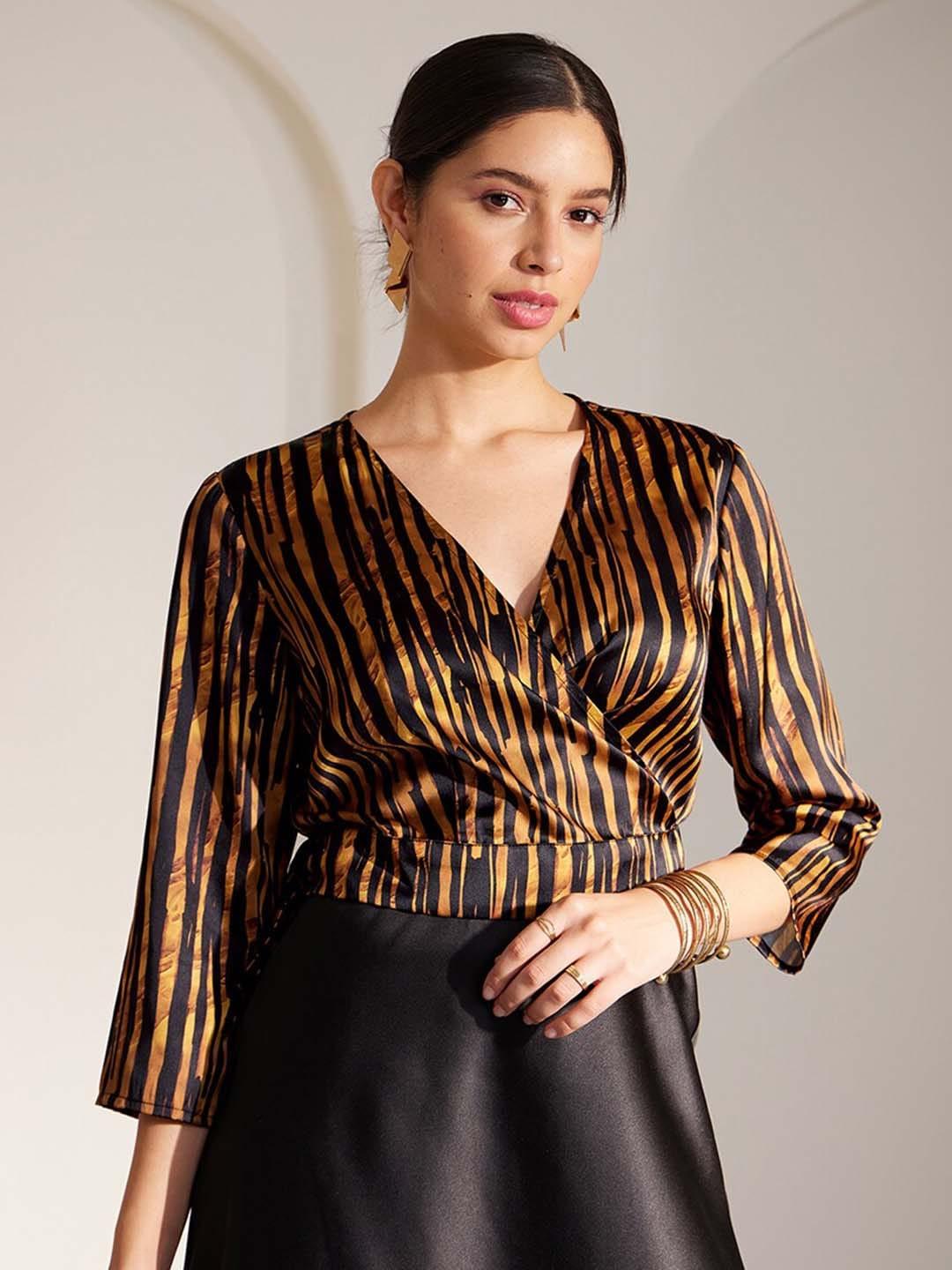 FableStreet Vertical Striped Satin Wrap Top
