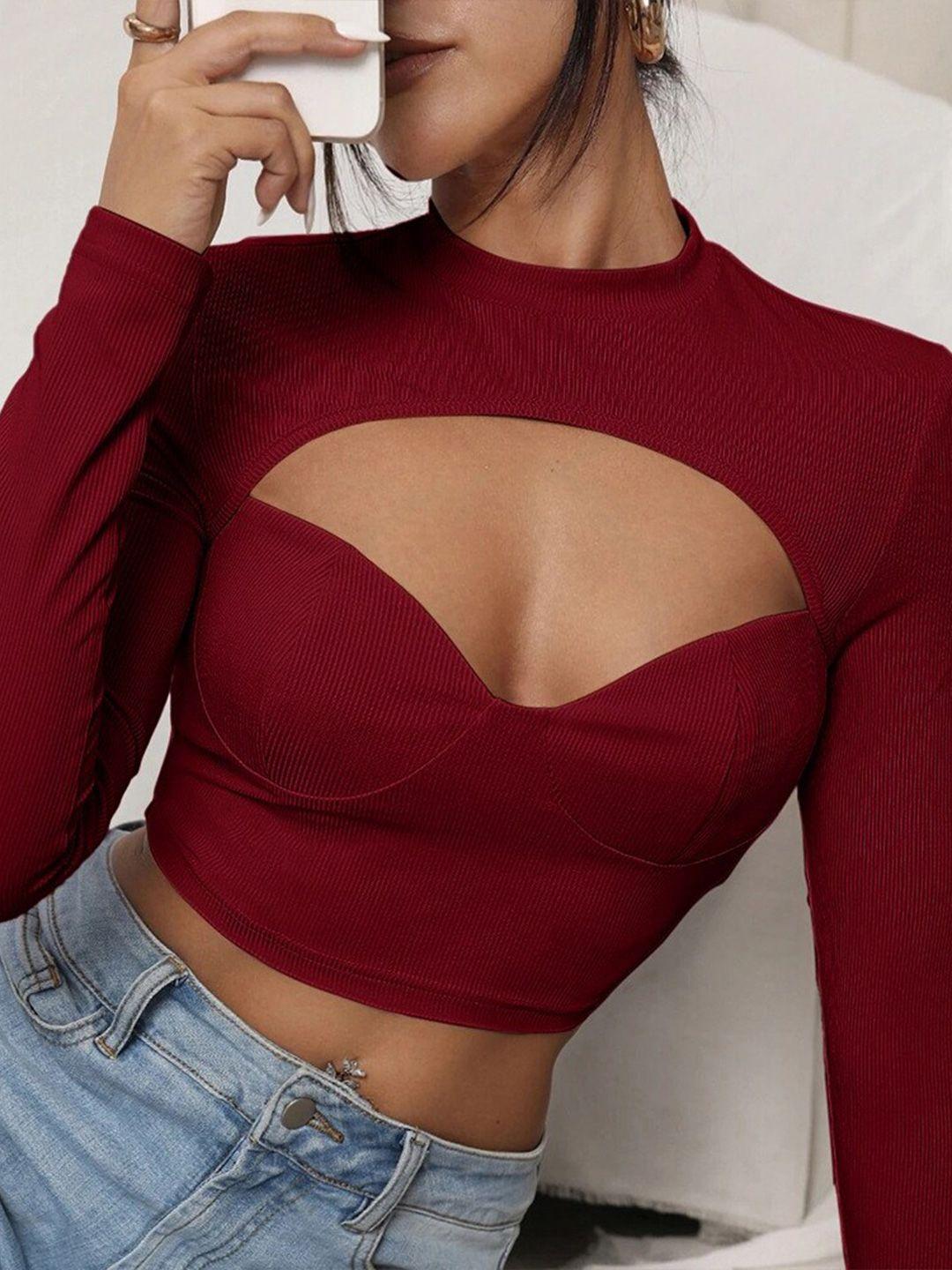 stylecast-maroon-high-neck-cut-out-detail-fitted-crop-top