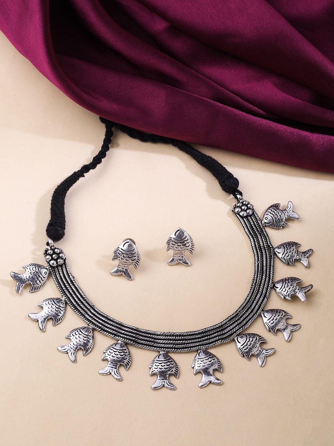VIRAASI Silver-Plated Oxidised Fish Design Necklace With Earrings