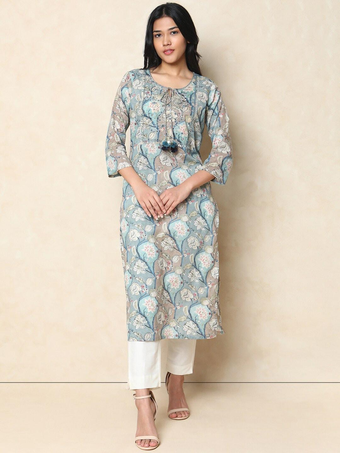 Indifusion Floral Printed Tie-Up Neck Sequinned Cotton Straight Kurta