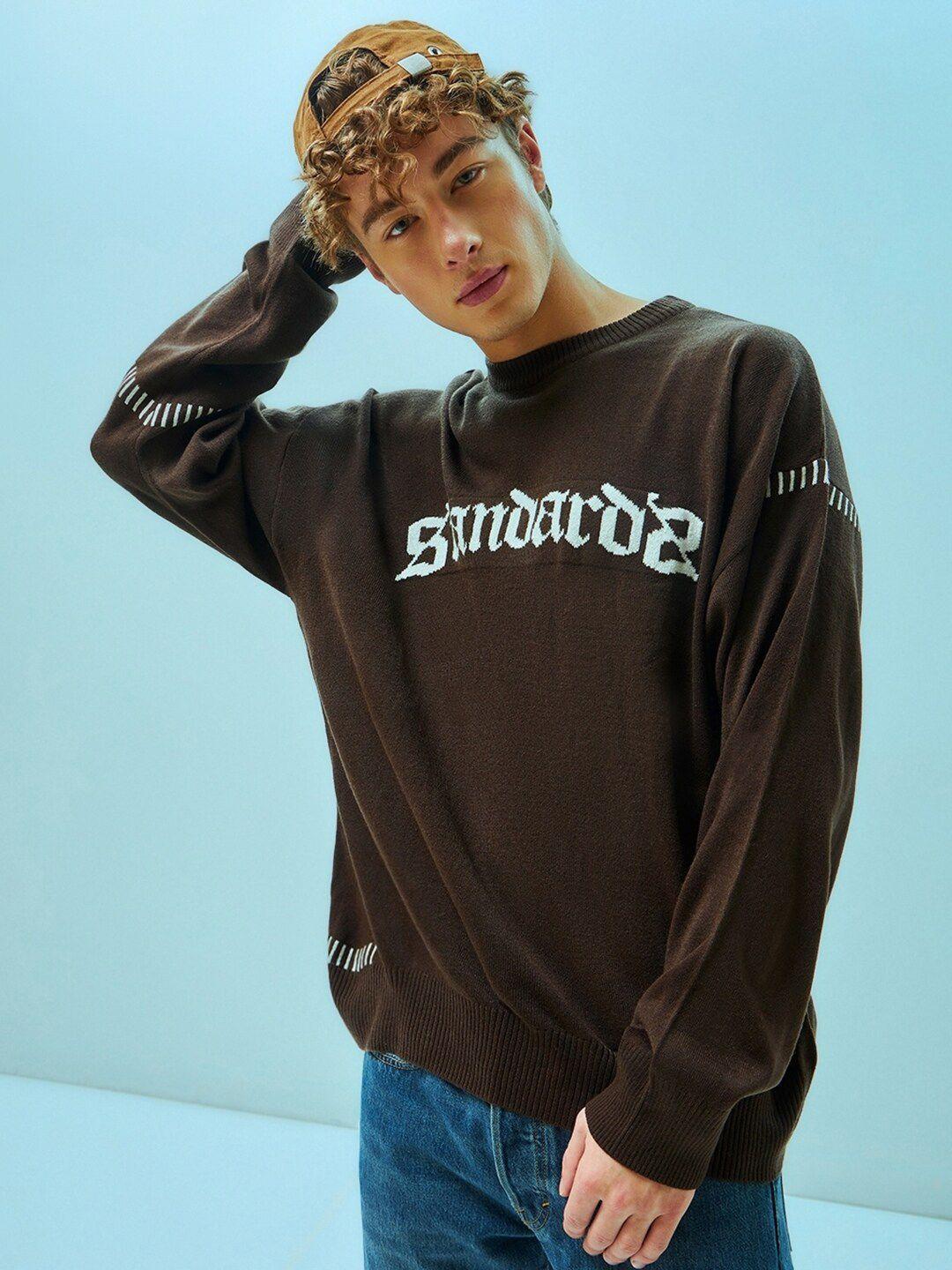 bewakoof-brown-typography-printed-acrylic-super-loose-fit-flat-knit-pullover-sweater
