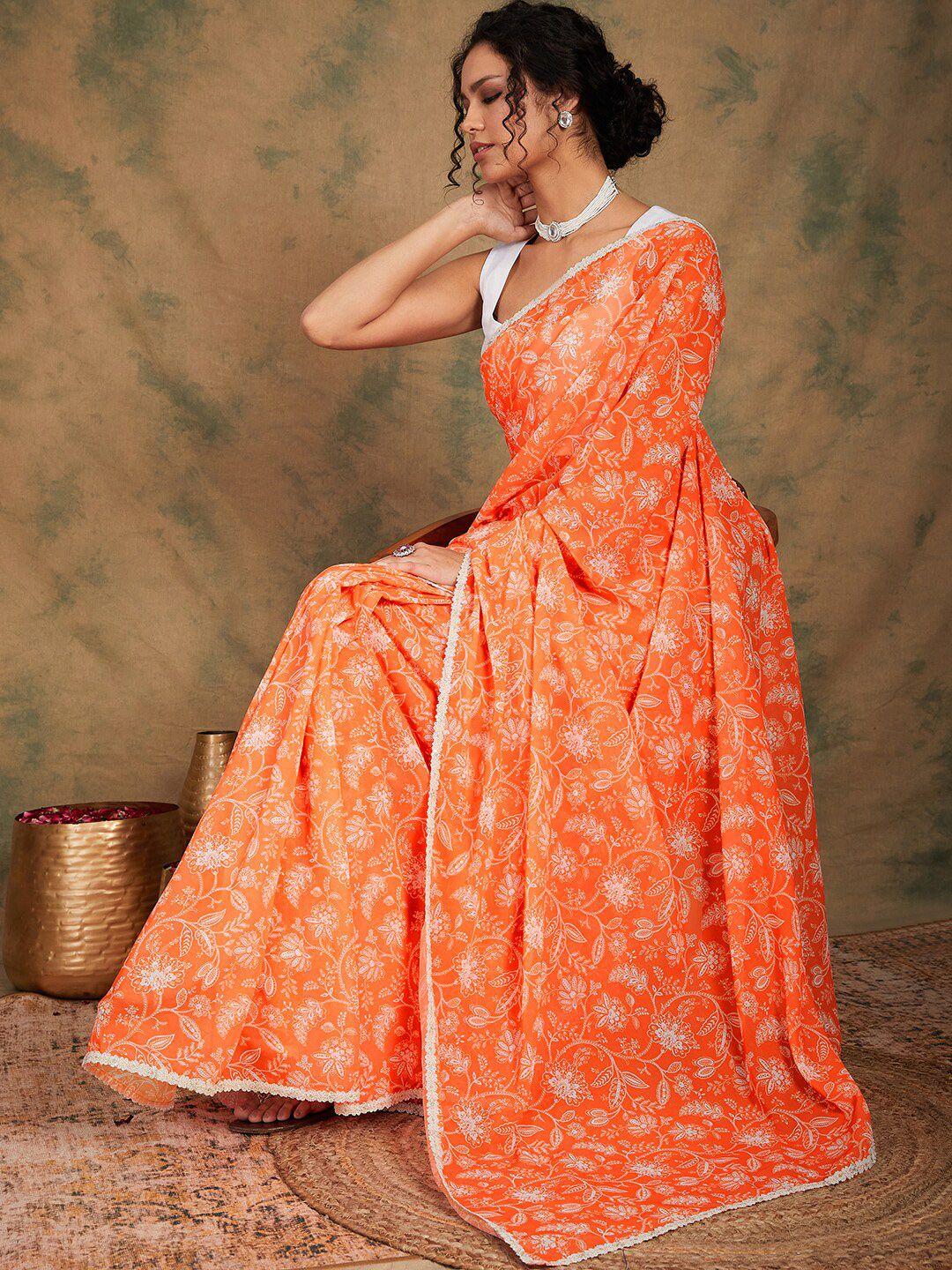 Sangria Orange Floral Printed Saree