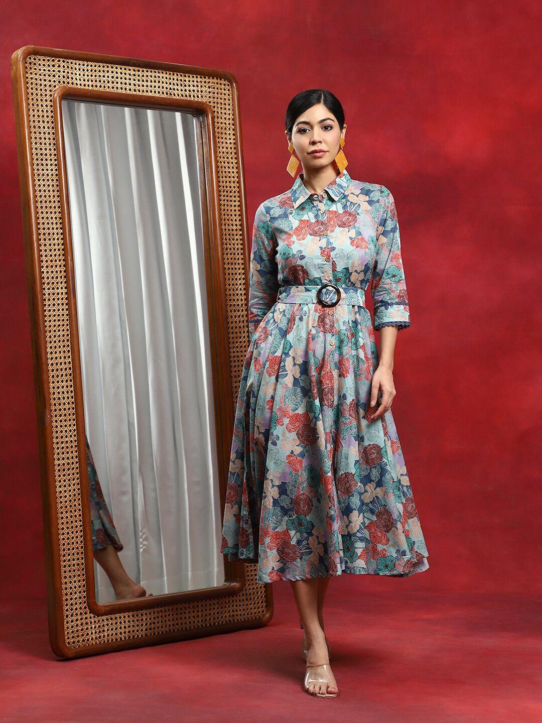 aks-shirt-collar-floral-printed-belted-cotton-fit-&-flare-midi-dress
