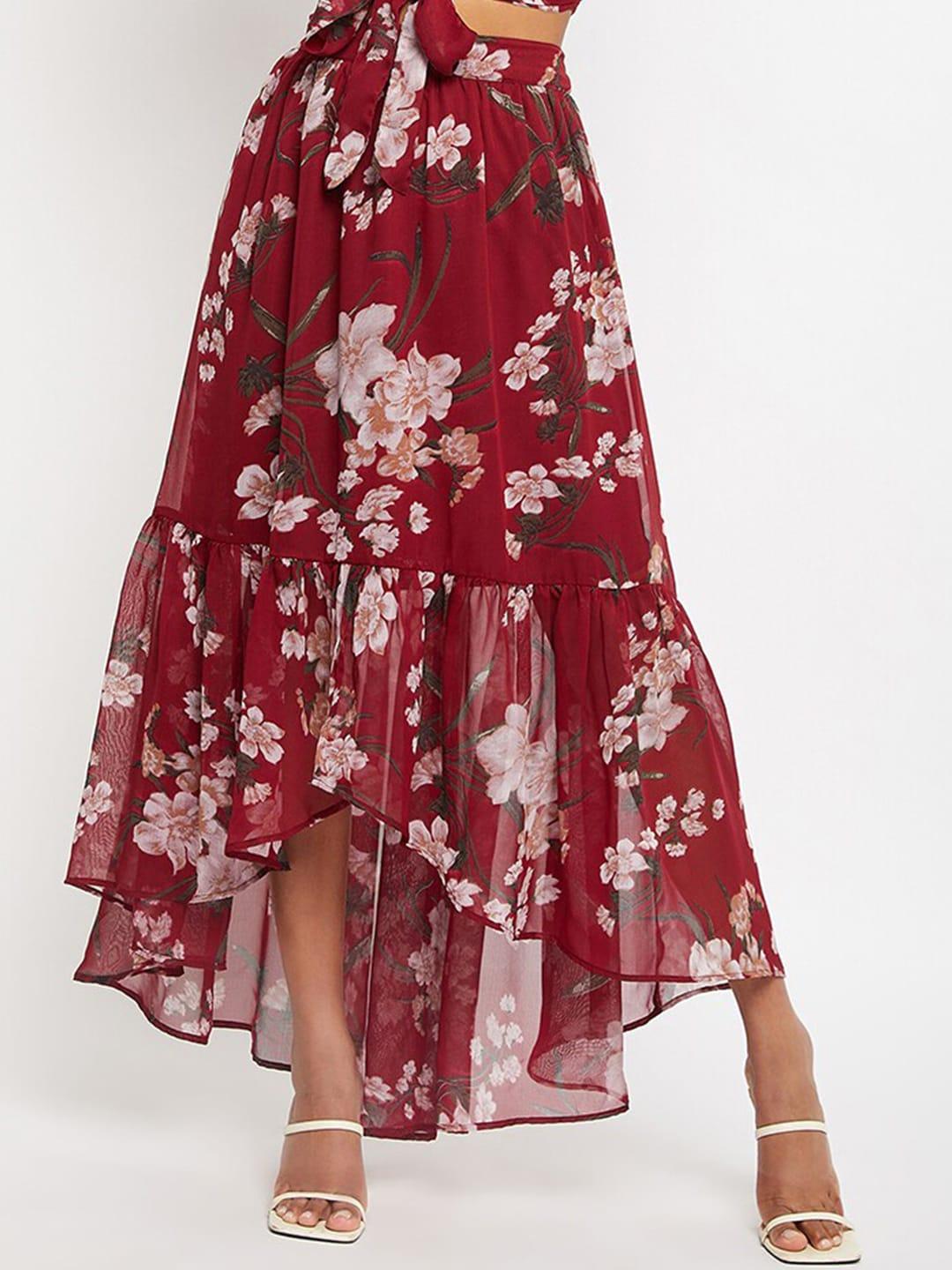 Bitterlime Floral Printed Flared Tie-Up Maxi Skirt