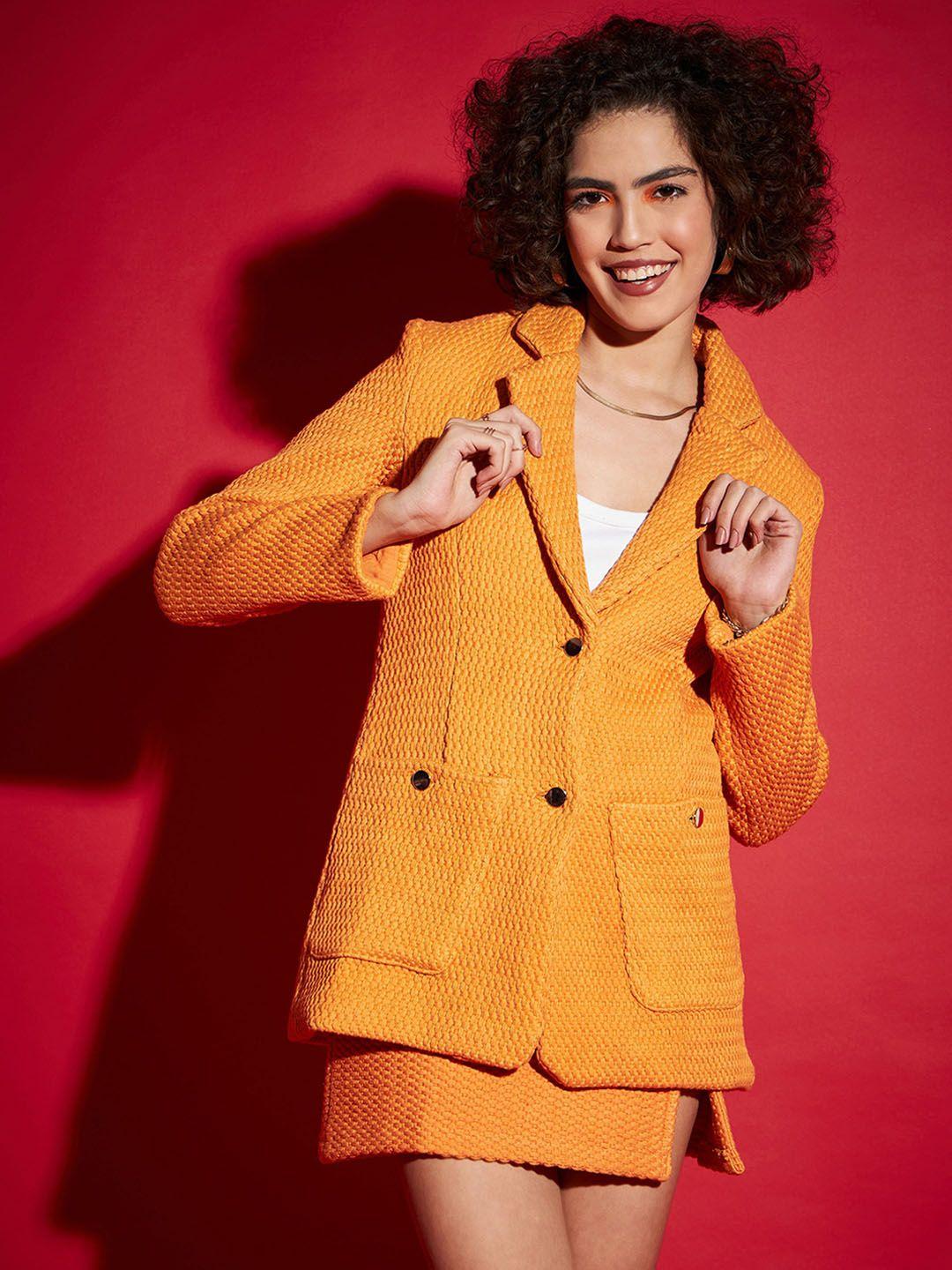 SASSAFRAS Orange Self Design Notched Lapel Collar Pure Cotton Single-Breasted Blazer
