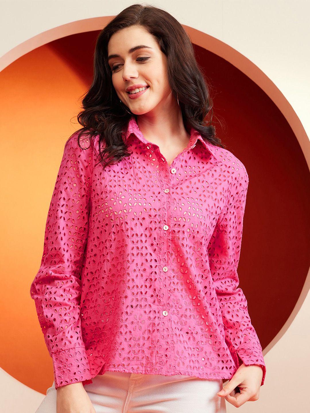 KASSUALLY Pink Textured Self Design Spread Collar Schiffli Pure Cotton Casual Shirt