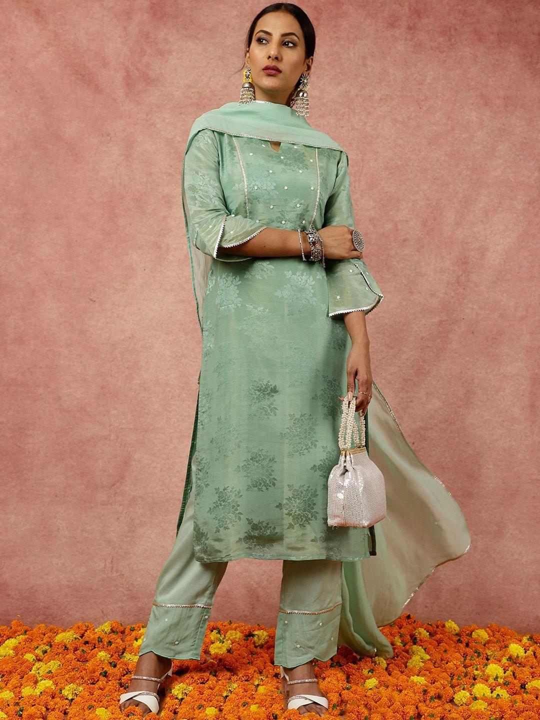 Jaipur Kurti Floral Woven Design Straight Kurta & Trousers With Dupatta