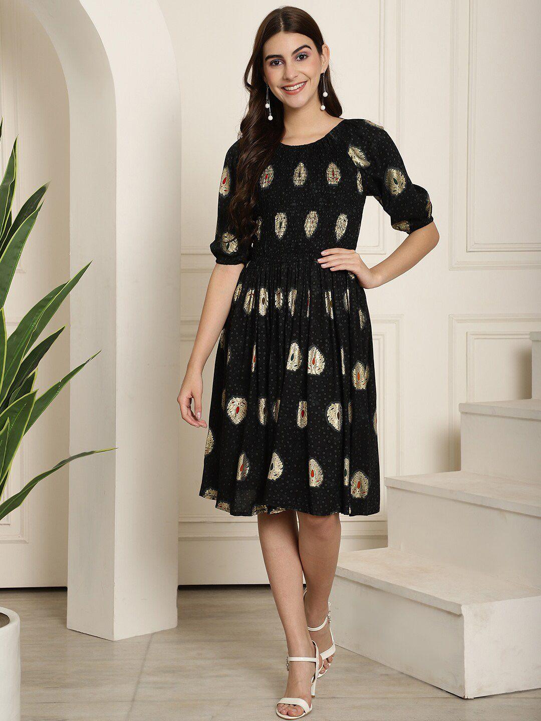 aawari-ethnic-motifs-printed-round-neck-puff-sleeve-smocked-fit-&-flare-dress