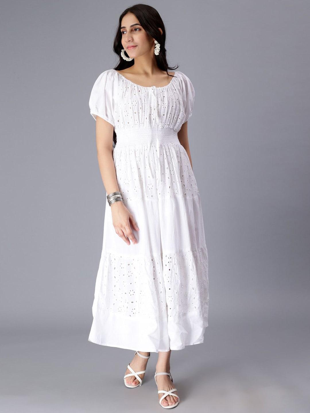 SAAKAA Self Design Puff Sleeves Pure Cotton Tie Up Smocked Schiffli & Tiered Midi Dress