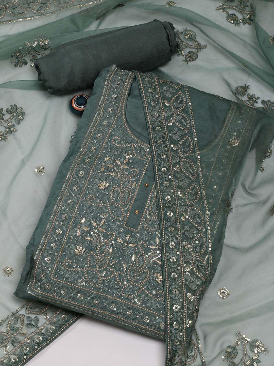 Meena Bazaar Ethnic Motifs Embroidered Sequinned Art Silk Unstitched Dress Material