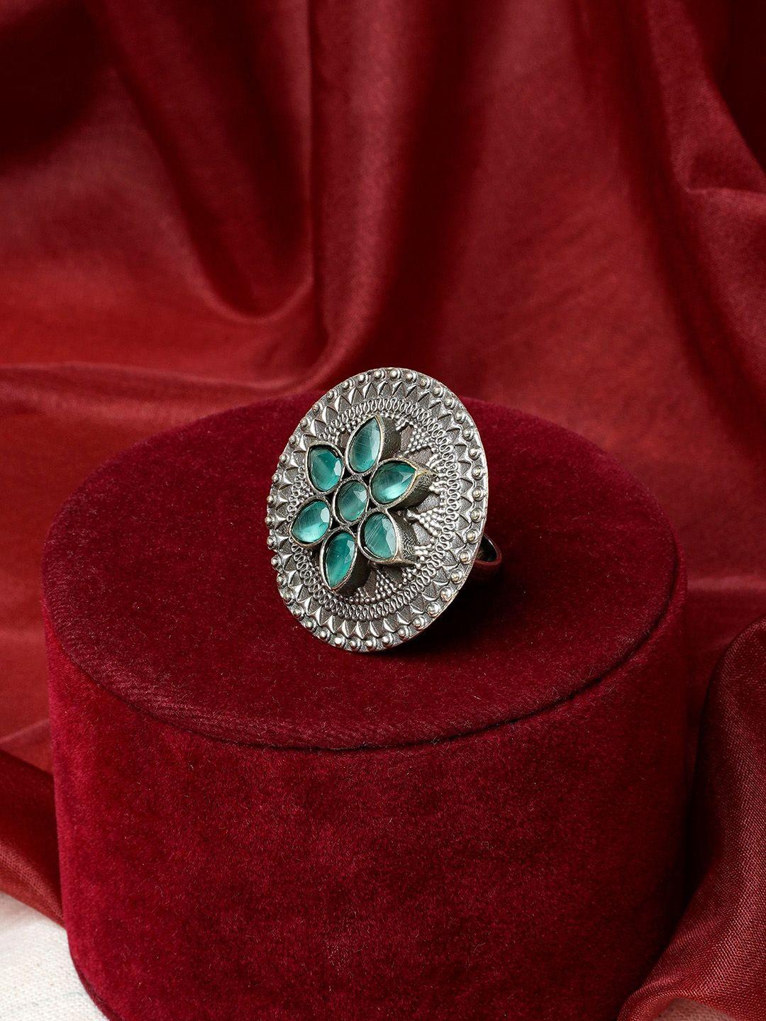TEEJH Silver-Plated Stones Studded Oxidised Floral Statement Adjustable Finger Ring